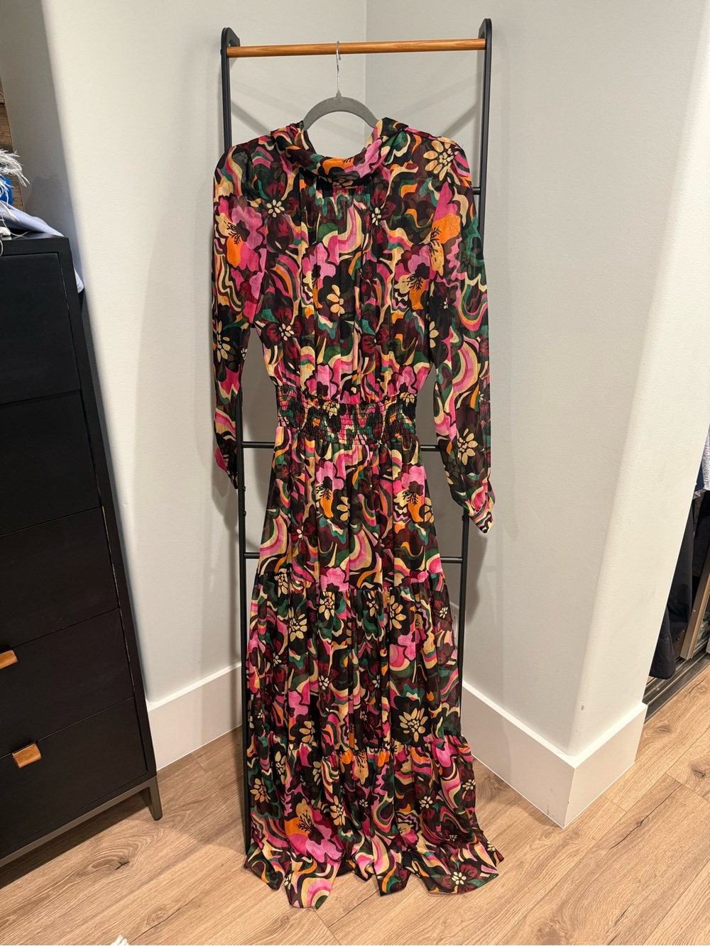 Misa Los Angeles Floral Tie-Neck Maxi Dress in Pink, Green & Orange